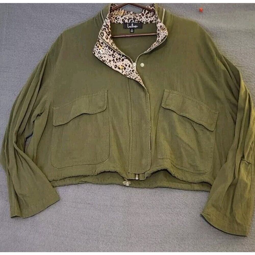 Lulu's Windsor Olive Green Cropped Utility Jacket Leopard Accent Trim Sz‎ S